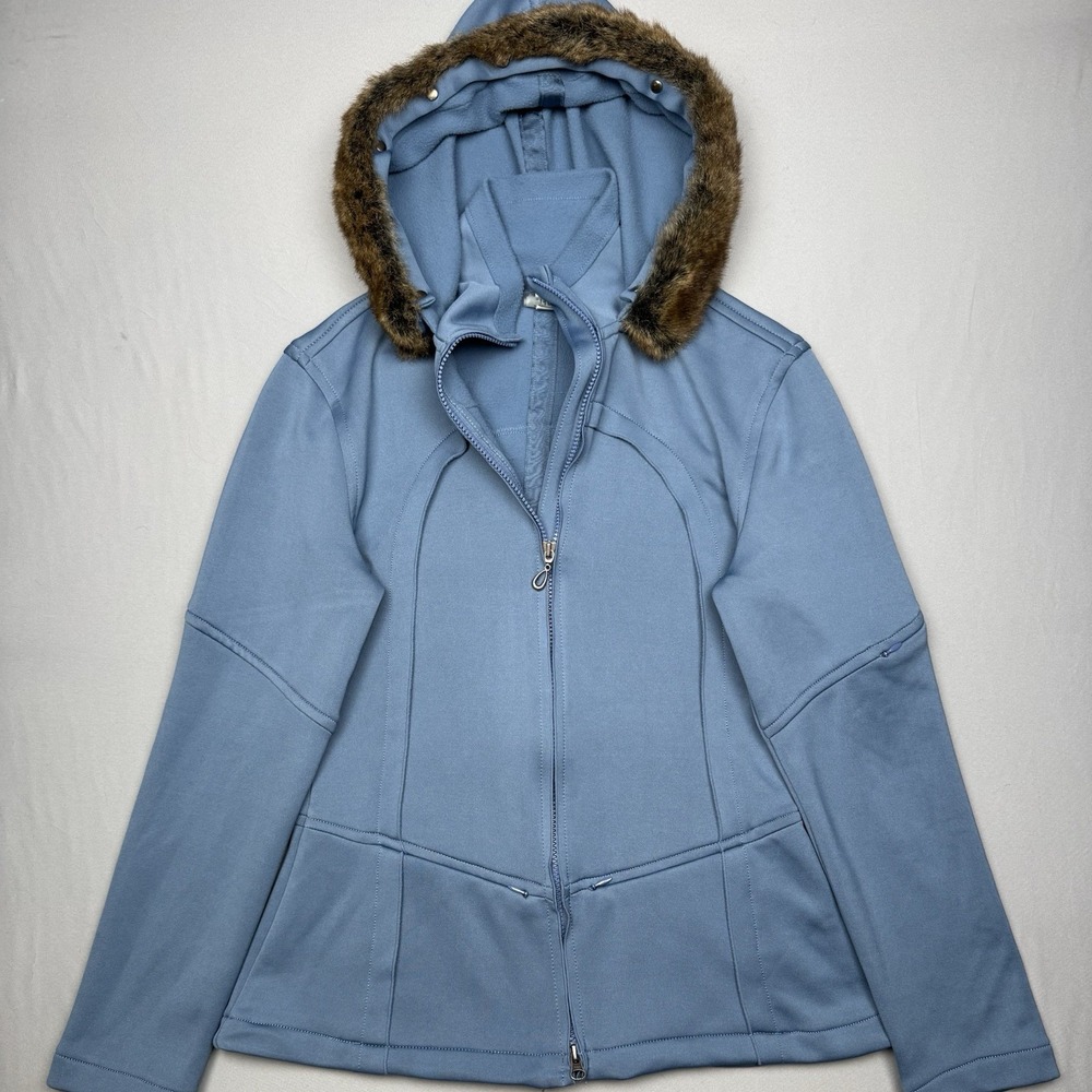 ATHLETA Blue Hooded Poly Blend Zip Jacket Removable Faux Fur Zip Pockets Sz M